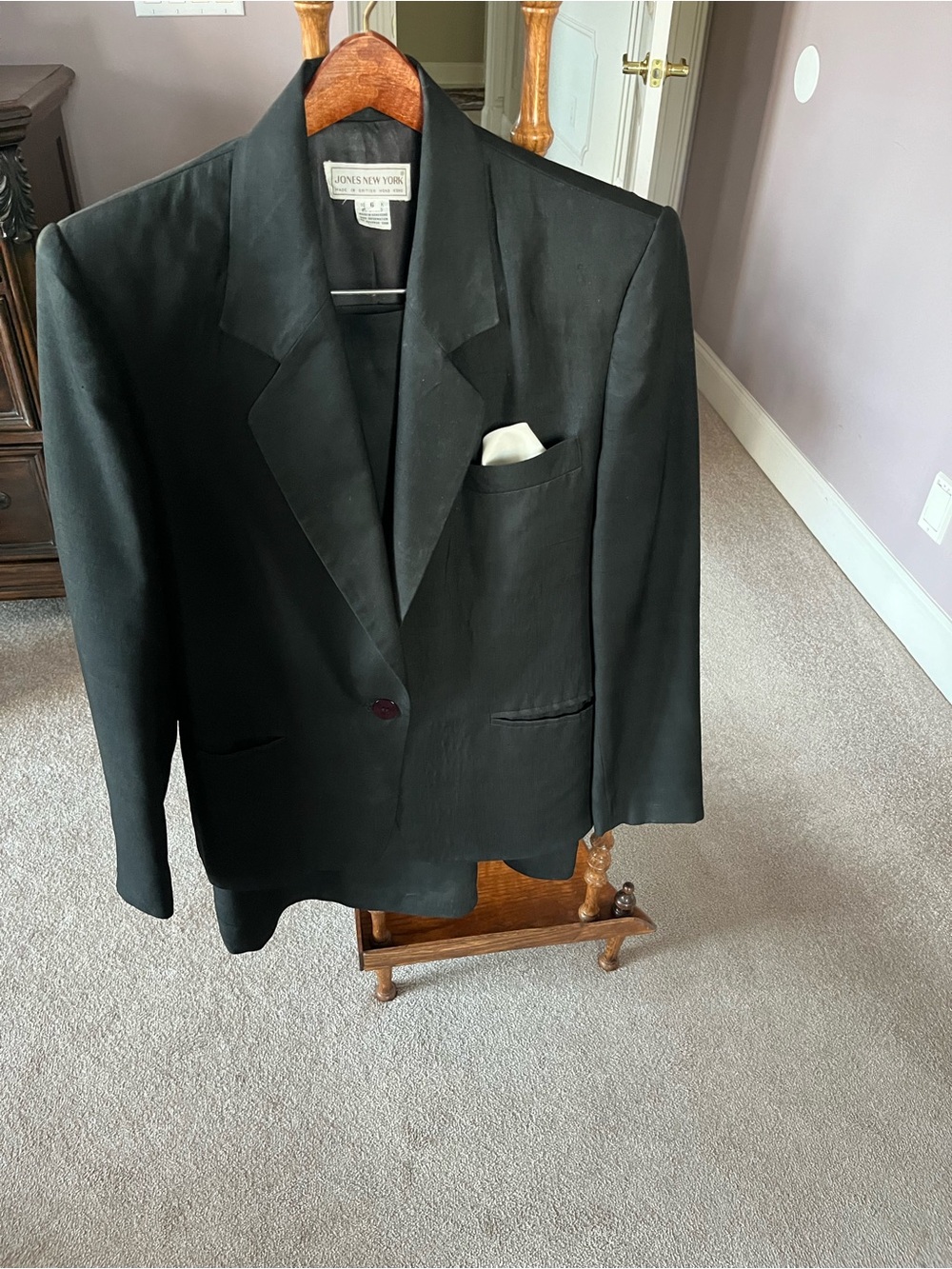 Jones New York Black Blazer with White Pocket Square Accent